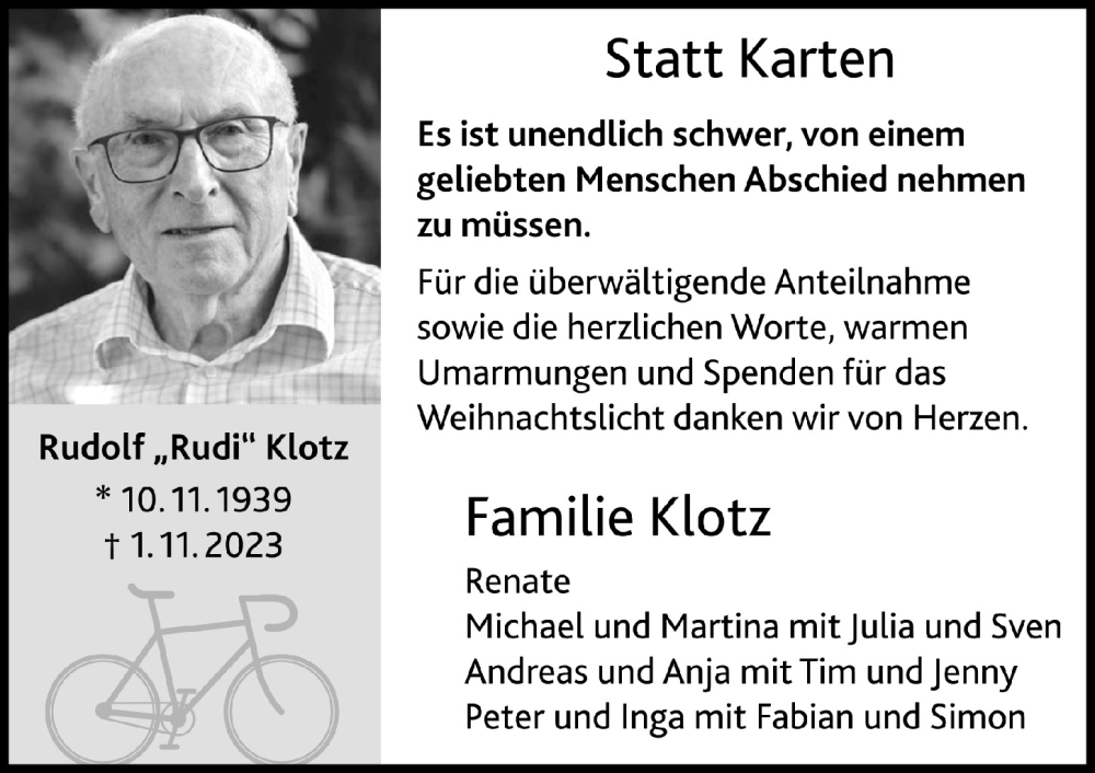  Traueranzeige für Rudolf Klotz vom 15.12.2023 aus  Schaufenster/Blickpunkt 