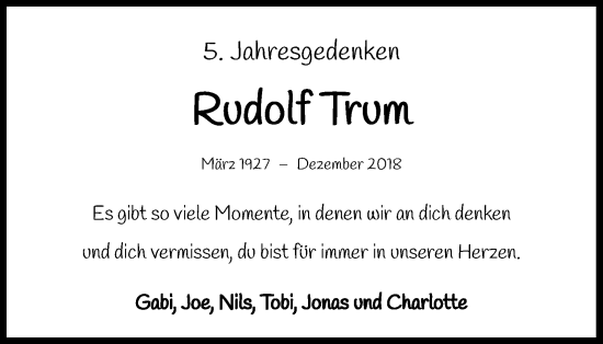Anzeige von Rudolf Trum von Kölner Stadt-Anzeiger / Kölnische Rundschau / Express