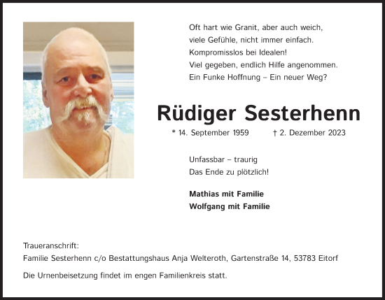 Anzeige von Rüdiger Sesterhenn von Kölner Stadt-Anzeiger / Kölnische Rundschau / Express