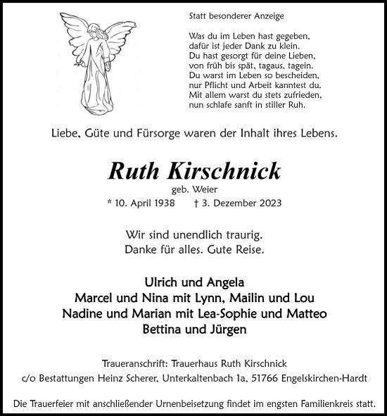 Anzeige von Ruth Kirschnick von  Anzeigen Echo 