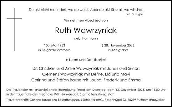 Anzeige von Ruth Wawrzyniak von Kölner Stadt-Anzeiger / Kölnische Rundschau / Express