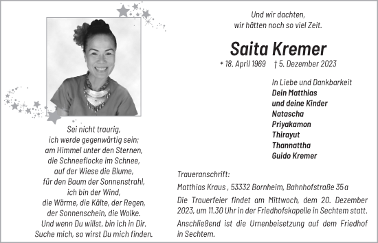 Anzeige von Saita Kremer von  Schaufenster/Blickpunkt 
