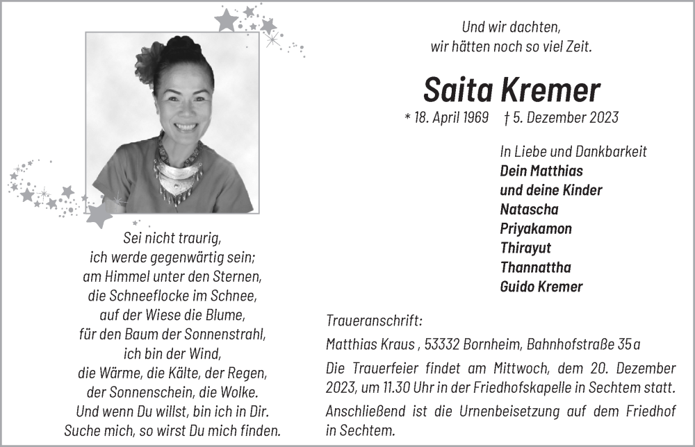  Traueranzeige für Saita Kremer vom 15.12.2023 aus  Schaufenster/Blickpunkt 