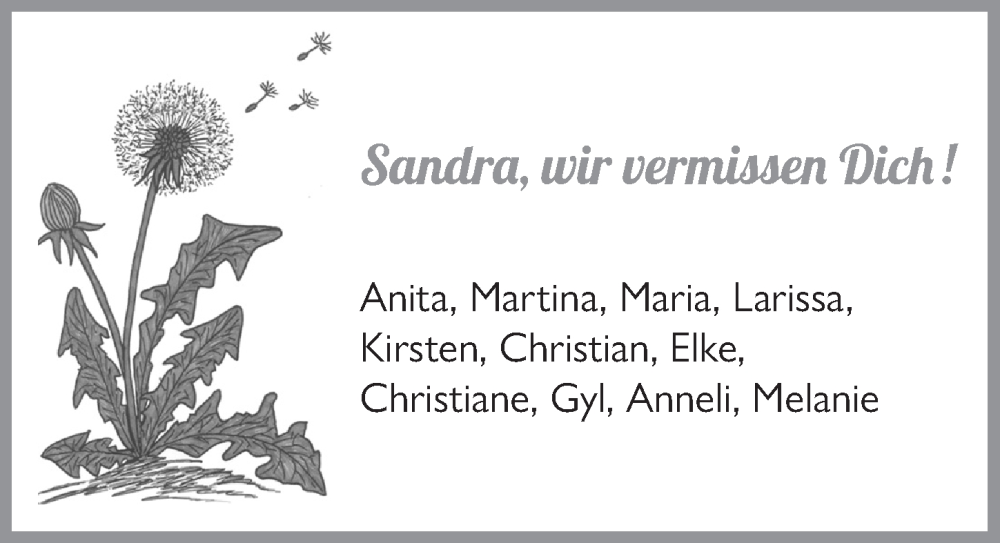  Traueranzeige für Sandra  vom 08.12.2023 aus  Schlossbote/Werbekurier 
