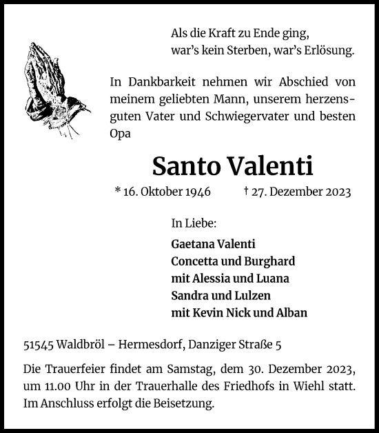 Anzeige von Santo Valenti von Kölner Stadt-Anzeiger / Kölnische Rundschau / Express