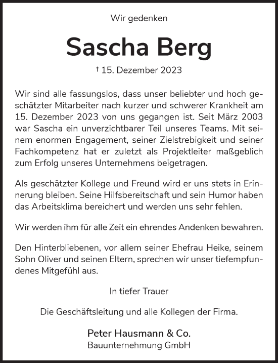 Anzeige von Sascha Berg von  Werbepost 