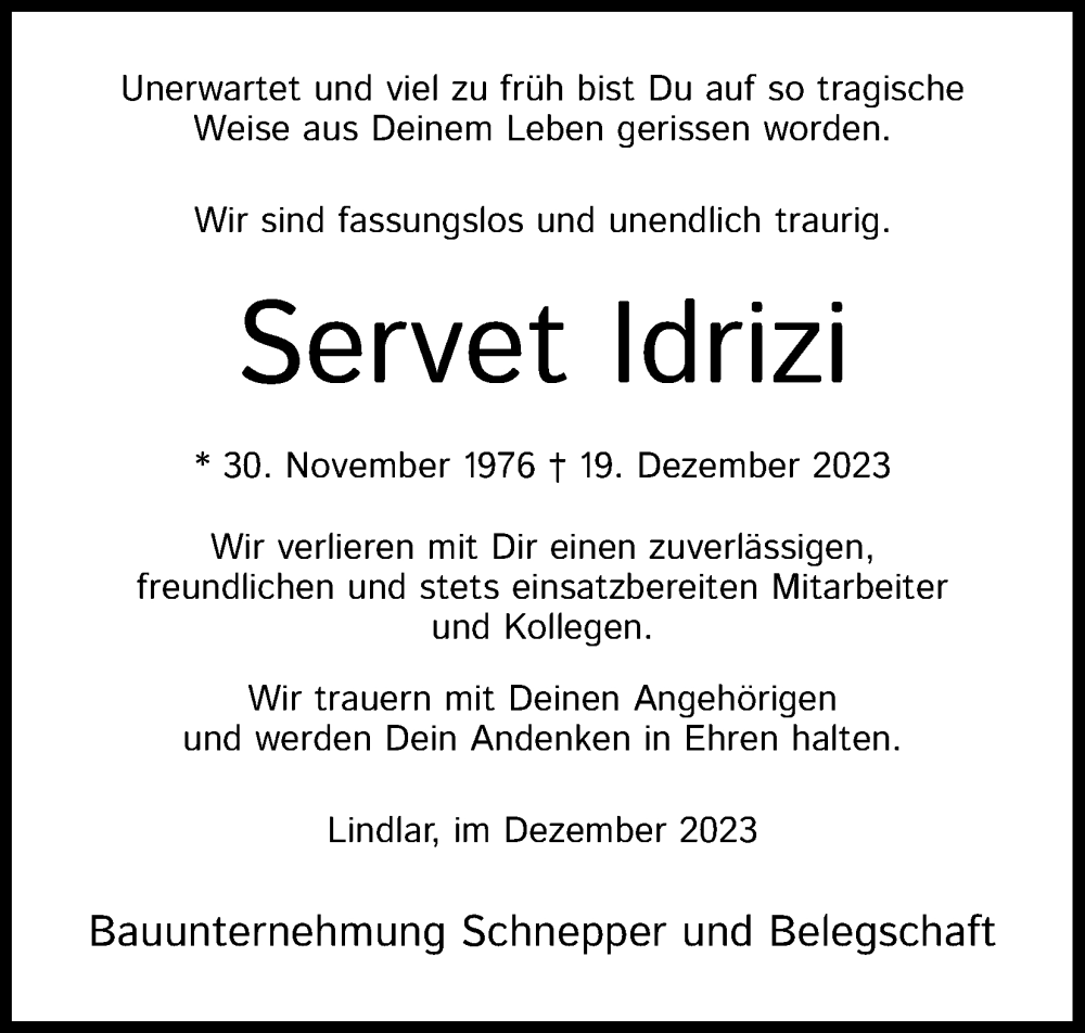 Traueranzeige für Servet Idrizi vom 30.12.2023 aus Kölner Stadt-Anzeiger / Kölnische Rundschau / Express