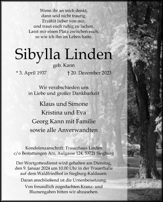 Anzeige von Sibylla Linden von Kölner Stadt-Anzeiger / Kölnische Rundschau / Express