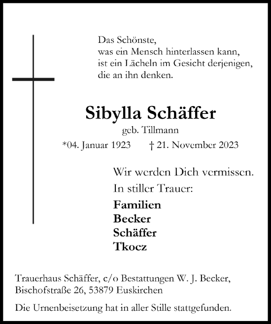 Anzeige von Sibylla Schäffer von  Blickpunkt Euskirchen 