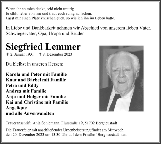 Anzeige von Siegfried Lemmer von  Anzeigen Echo 