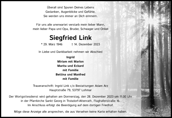 Anzeige von Siegfried Link von Kölner Stadt-Anzeiger / Kölnische Rundschau / Express