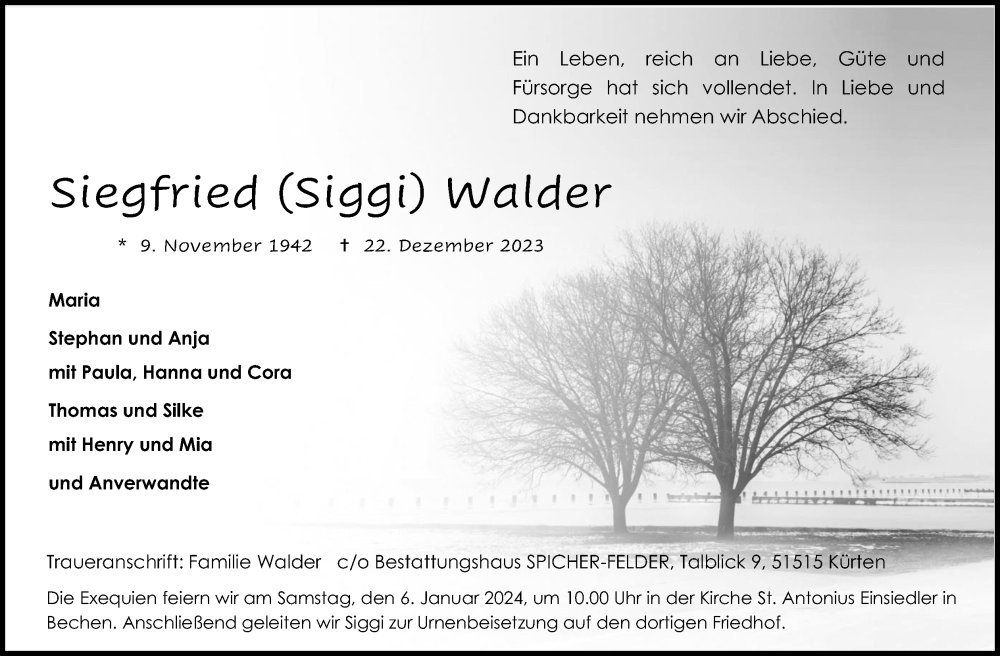 Traueranzeige für Siegfried Walder vom 30.12.2023 aus Kölner Stadt-Anzeiger / Kölnische Rundschau / Express