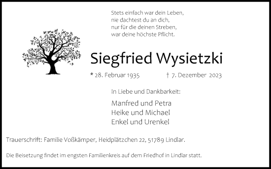 Anzeige von Siegfried Wysietzki von Kölner Stadt-Anzeiger / Kölnische Rundschau / Express