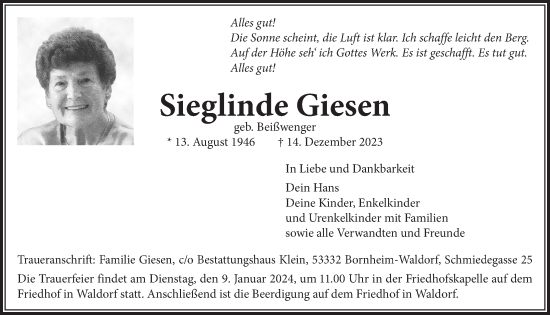 Anzeige von Sieglinde Giesen von  Schaufenster/Blickpunkt 