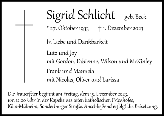 Anzeige von Sigrid Schlicht von Kölner Stadt-Anzeiger / Kölnische Rundschau / Express
