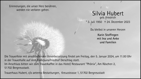 Anzeige von Silvia Hubert von Kölner Stadt-Anzeiger / Kölnische Rundschau / Express