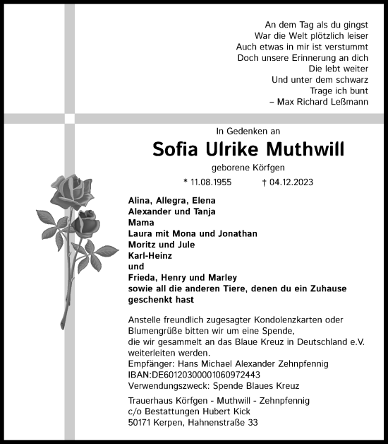 Anzeige von Sofia Ulrike Muthwill von Kölner Stadt-Anzeiger / Kölnische Rundschau / Express