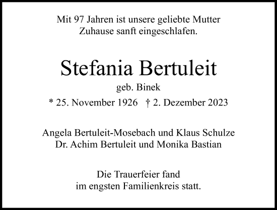 Anzeige von Stefania Bertuleit von Kölner Stadt-Anzeiger / Kölnische Rundschau / Express