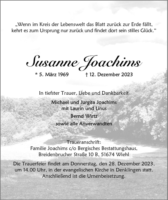Anzeige von Susanne Joachims von  Anzeigen Echo  Lokalanzeiger 