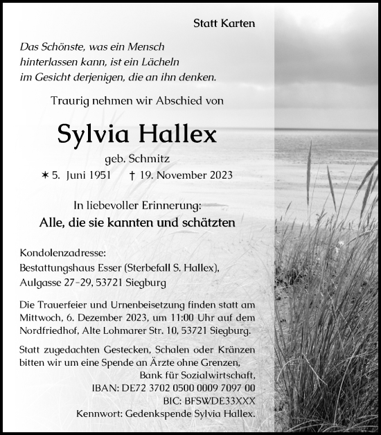 Anzeige von Sylvia Hallex von Kölner Stadt-Anzeiger / Kölnische Rundschau / Express