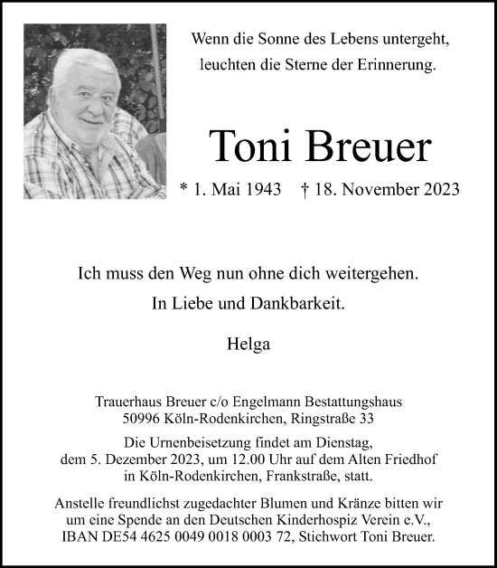 Anzeige von Toni Breuer von Kölner Stadt-Anzeiger / Kölnische Rundschau / Express