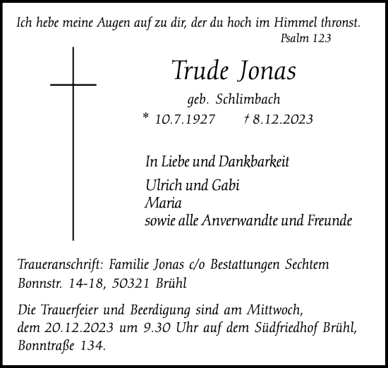 Anzeige von Trude Jonas von Kölner Stadt-Anzeiger / Kölnische Rundschau / Express