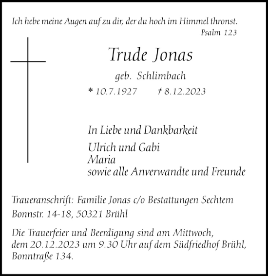Anzeige von Trude Jonas von  Schlossbote/Werbekurier 