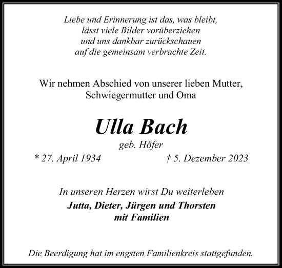 Anzeige von Ulla Bach von Kölner Stadt-Anzeiger / Kölnische Rundschau / Express
