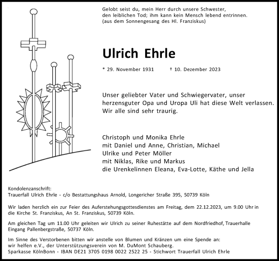 Anzeige von Ulrich Ehrle von Kölner Stadt-Anzeiger / Kölnische Rundschau / Express