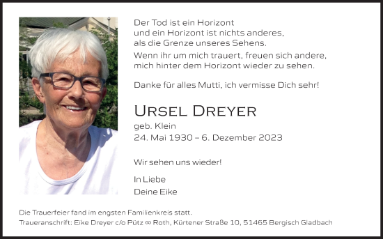 Anzeige von Ursel Dreyer von Kölner Stadt-Anzeiger / Kölnische Rundschau / Express