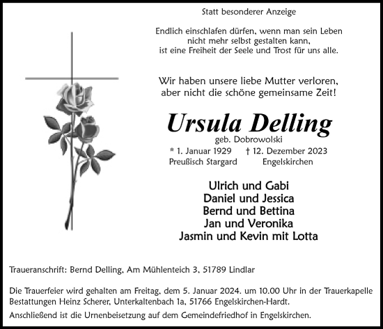 Anzeige von Ursula Delling von  Anzeigen Echo 