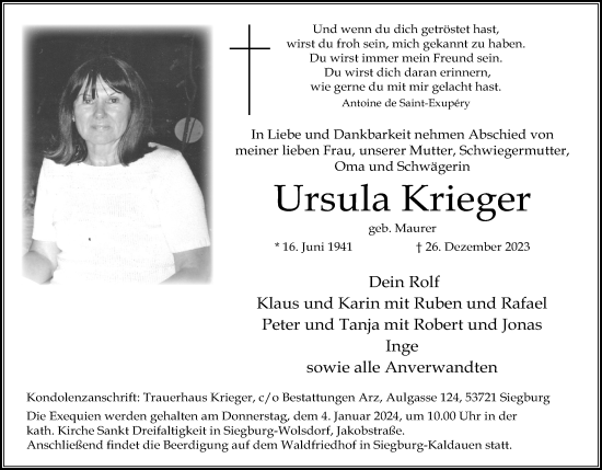 Anzeige von Ursula Krieger von Kölner Stadt-Anzeiger / Kölnische Rundschau / Express
