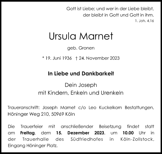 Anzeige von Ursula Marnet von Kölner Stadt-Anzeiger / Kölnische Rundschau / Express