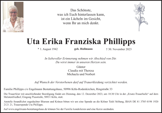 Anzeige von Uta Erika Franziska Phillipps von Kölner Stadt-Anzeiger / Kölnische Rundschau / Express