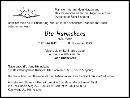 Anzeige von Ute Hünnekens von Kölner Stadt-Anzeiger / Kölnische Rundschau / Express