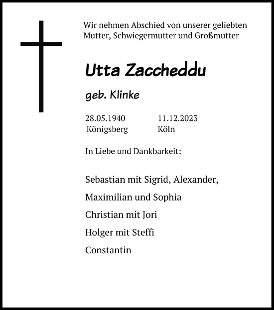 Anzeige von Utta Zaccheddu von Kölner Stadt-Anzeiger / Kölnische Rundschau / Express