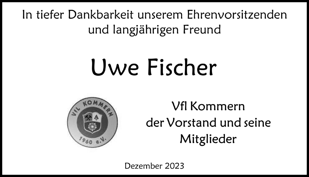  Traueranzeige für Uwe Fischer vom 09.12.2023 aus  Blickpunkt Euskirchen 
