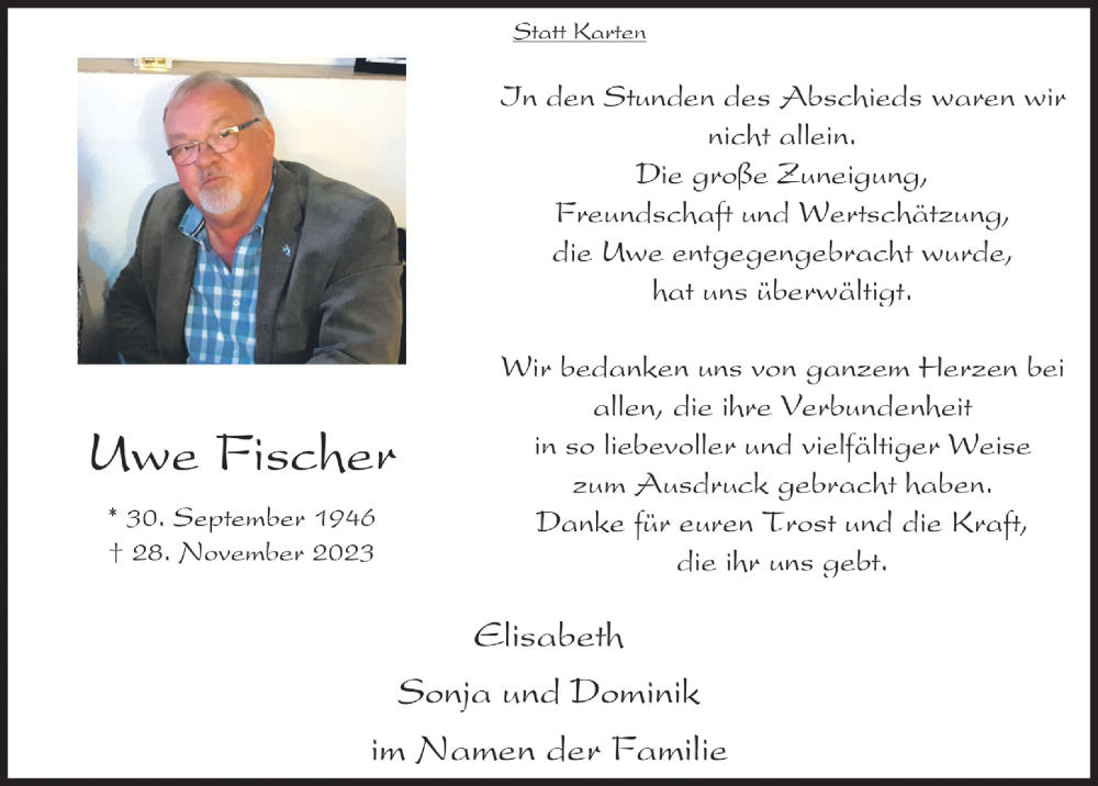  Traueranzeige für Uwe Fischer vom 23.12.2023 aus  Blickpunkt Euskirchen 