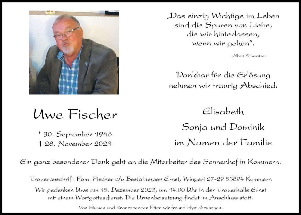  Traueranzeige für Uwe Fischer vom 02.12.2023 aus  Blickpunkt Euskirchen 