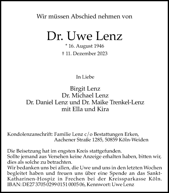 Anzeige von Uwe Lenz von Kölner Stadt-Anzeiger / Kölnische Rundschau / Express