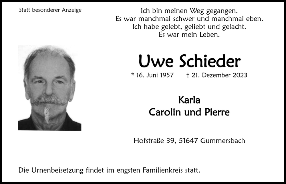  Traueranzeige für Uwe Schieder vom 29.12.2023 aus  Anzeigen Echo 