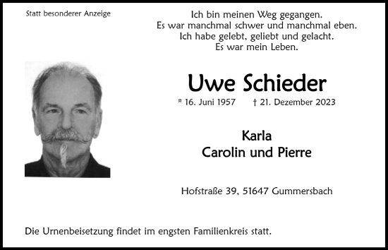 Anzeige von Uwe Schieder von  Anzeigen Echo 