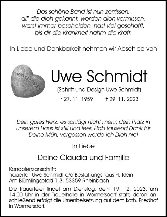 Anzeige von Uwe Schmidt von  Schaufenster/Blickpunkt 