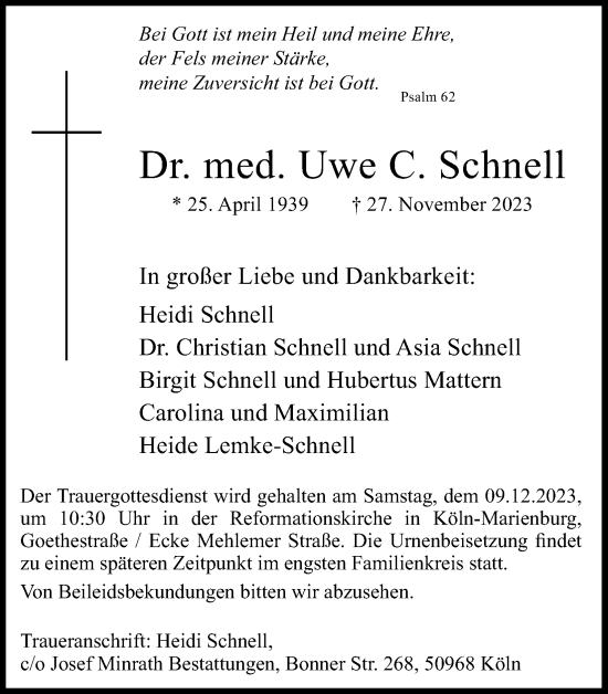 Anzeige von Uwe C. Schnell von Kölner Stadt-Anzeiger / Kölnische Rundschau / Express