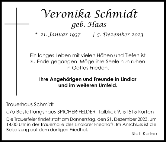Anzeige von Veronika Schmidt von Kölner Stadt-Anzeiger / Kölnische Rundschau / Express