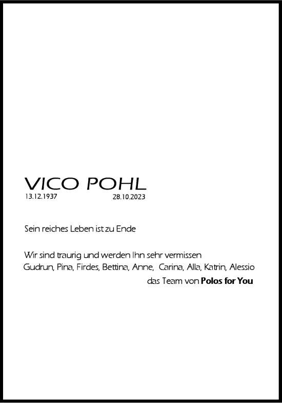 Anzeige von Vico Pohl von Kölner Stadt-Anzeiger / Kölnische Rundschau / Express