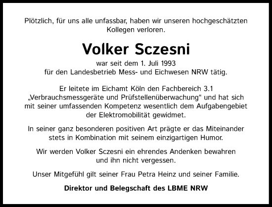 Anzeige von Volker Sczesni von Kölner Stadt-Anzeiger / Kölnische Rundschau / Express