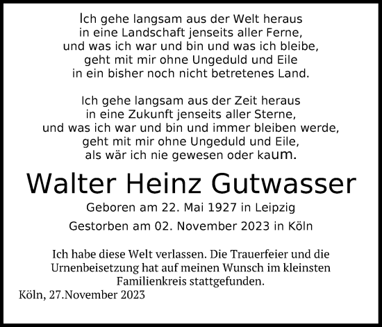 Anzeige von Walter  Gutwasser von Kölner Stadt-Anzeiger / Kölnische Rundschau / Express