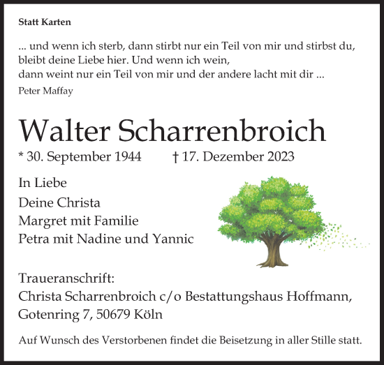 Anzeige von Walter Scharrenbroich von Kölner Stadt-Anzeiger / Kölnische Rundschau / Express