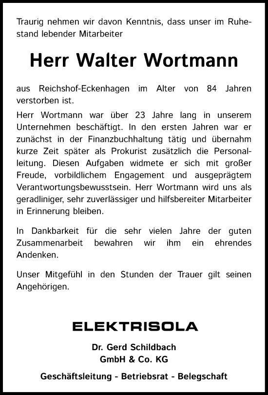 Anzeige von Walter Wortmann von Kölner Stadt-Anzeiger / Kölnische Rundschau / Express